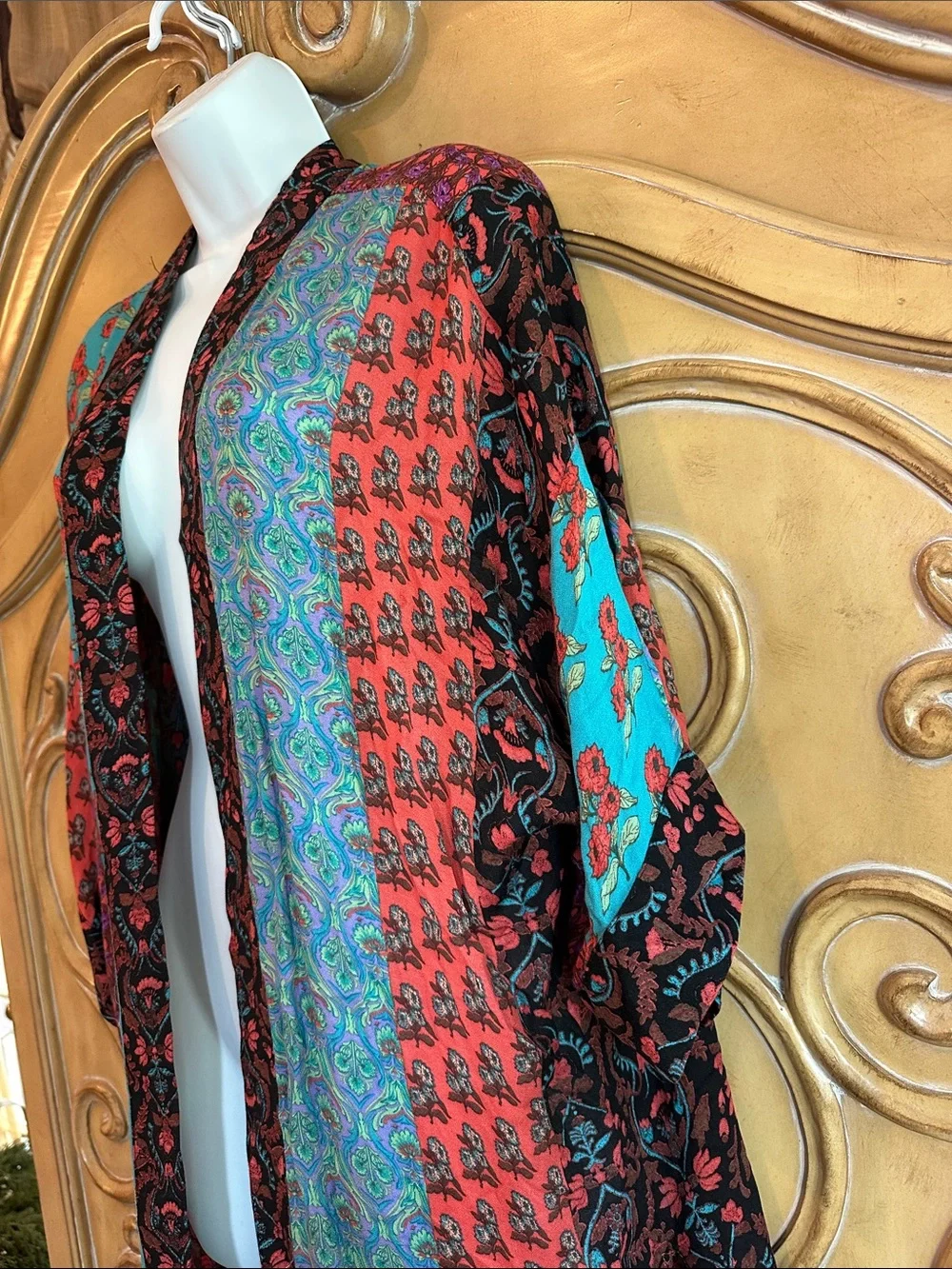 Boho Patchwork Kimono Cardigan - Teal, Red, Black